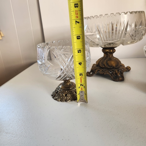 Vintage Mid Century Crystal Brass Pedestal Compote Bowl Lot Of 3 Glass Ornate - Picture 12 of 13